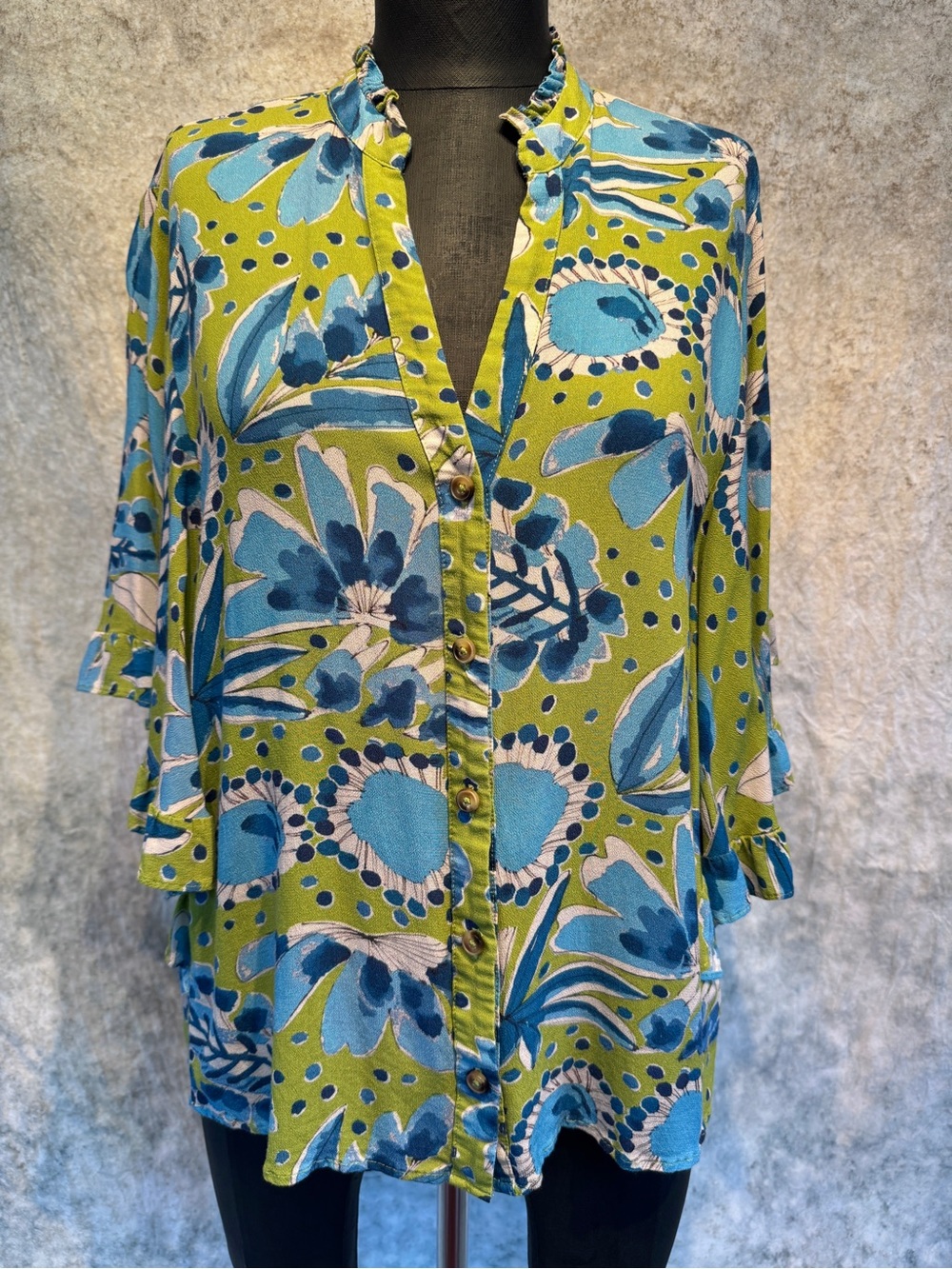 Vera Anthropologie Blue & Green Floral Ruffle Top - M